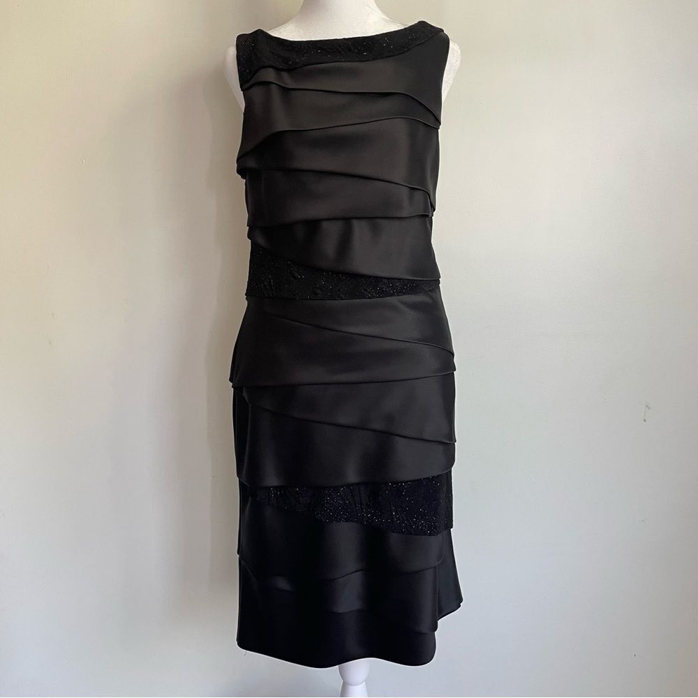 Alex Evenings Black Satin Tiered Sequin Sparkle Formal Sleeveless Dress Sz 10